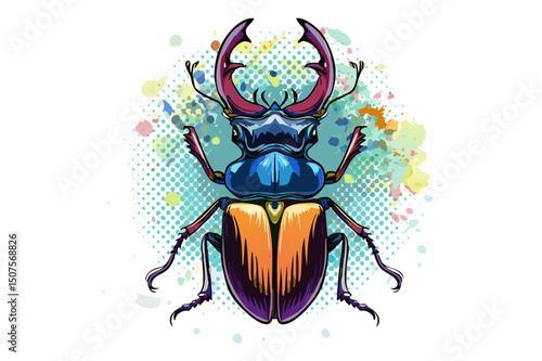 European stag beetle, or greater stag beetle (Lucanus cervus) top view of large insect bug with big horns vector illustration, large insect with mandibles, top view. Bug species with big horns
