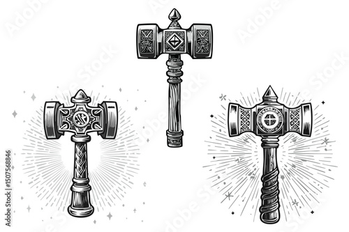 Black and white Thor's Hammer Mjolnir, Ancient hammer of Thor Mjolnir Vintage Norse Mythology Design Artwork, The hammer of the Scandinavian god Thor, Ornate Metal Hammer with a Wooden Handle