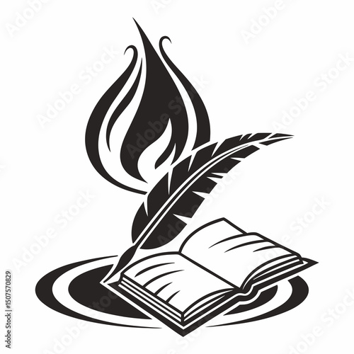 Open book with feather pen and flame symbolizing creativity in black and white
