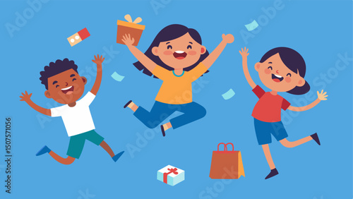 Excited Kids Children jumping up in delight trying to catch fun toys and games as they fall from the shopping avalanche embodying the joy of holiday shopping.