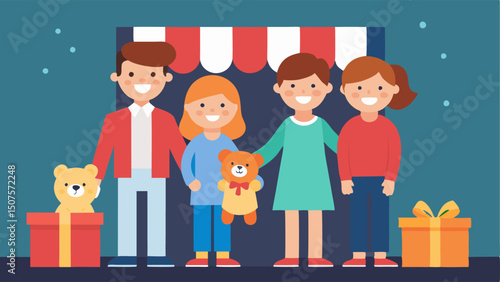 Family Shopping A family of four including parents and two children holding stuffed toys waiting excitedly outside a store with a big glowing sale banner.