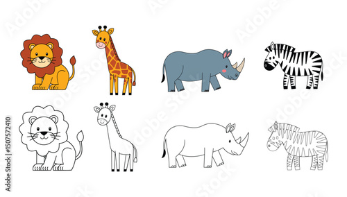 Safari Animals Clipart Set – Cute African Wildlife in Color & Outline for Kids & Coloring Pages

