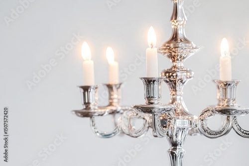 Illuminated candles on a silver candelabra fixture