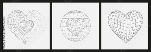 Futuristic Y2K elements 3d wireframe. Theme of love, romance, design for valentine's day.