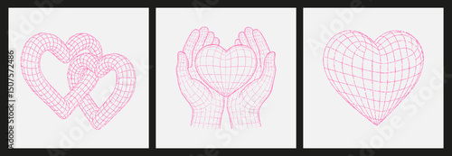 Futuristic Y2K elements 3d wireframe. Theme of love, romance, design for valentine's day.