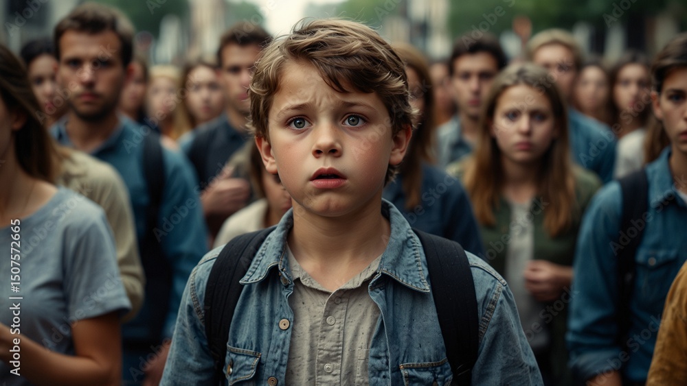 Fototapeta premium a frightened lost boy standing in the crowd ....