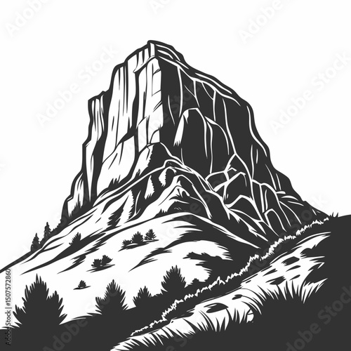 isolated rocky mountain with bold edges and cracks