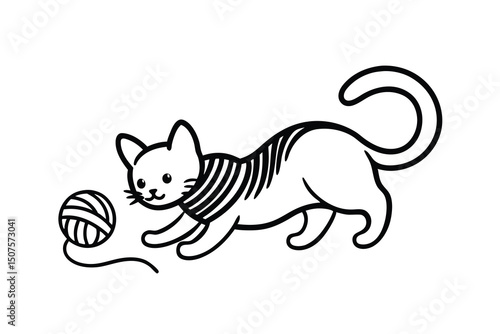 Playful striped kitten chasing yarn ball cute cartoon illustration