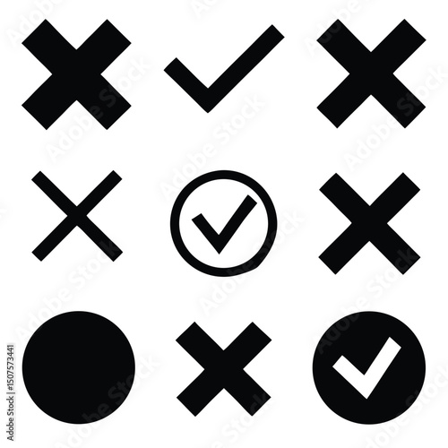 Black and white check marks and cross symbols isolated on a white background