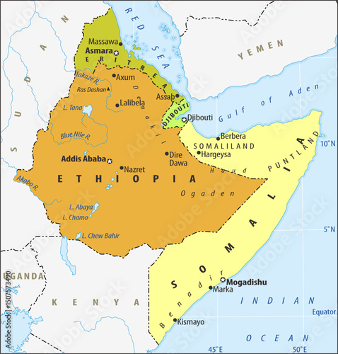 Vector ethiopia, somalia, eritrea, djibouti
with cities on political world map.
Fragment of african region with sudan, yemen, 
kenya, uganda, red sea, indian ocean, gulf of aden,
blue nile river.