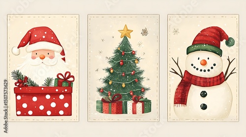 Festive christmas illustrations of santa, christmas tree, and snowman.