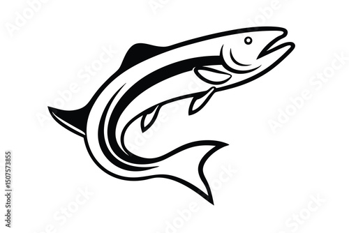 Leaping salmon black and white line art illustration
