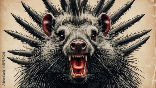 Vector engraving of aggressive porcupine with wild expression