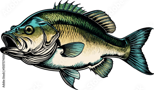 Engraved bass fish in retro line style isolated on white