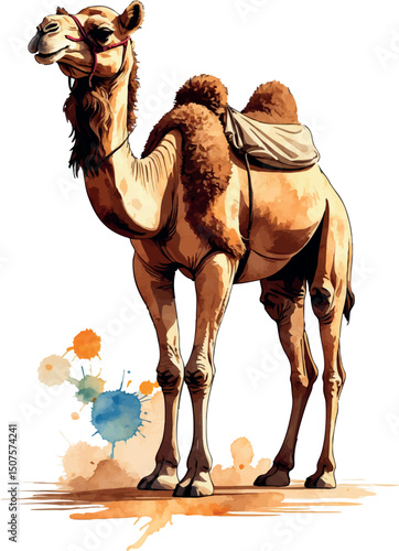 Desert watercolor camel vector illustration in warm tones