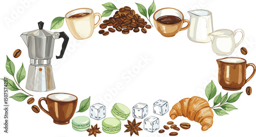 Mug, geyser coffee maker, coffee filter, sugar, macaroons, croissant, grains, milk jug, leaves. Watercolor hand-drawn round composition on