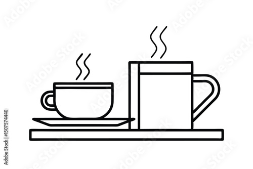 Two cups of hot coffee or tea on a tray simple line art illustration