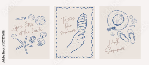 Summer beach doodle card set. Coastal poster with quote. Event invitation template. Hand drawn frame illustration. Graphic ink style sketch.