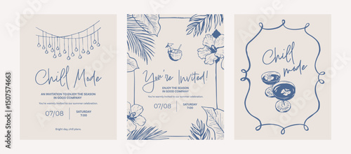 Summer party doodle card set. Event invitation poster template. Boho holiday drawings. Hand drawn illustration of drink, cocktail and string lights. Graphic ink style sketch.