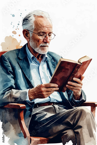 Book-reading senior man watercolor vector portrait