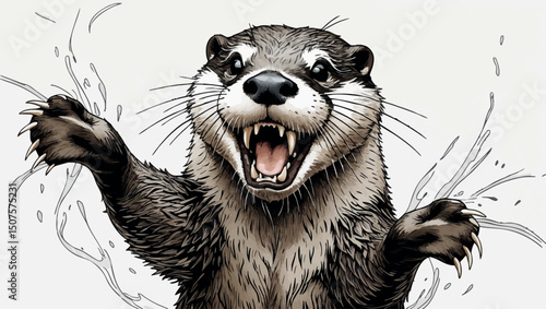 Rabid otter in aggressive pose vector engraving style