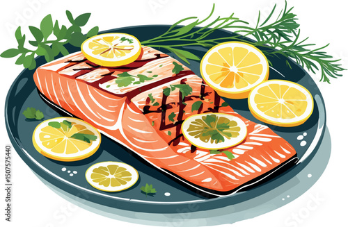 Grilled salmon summer dish vector in clean flat style