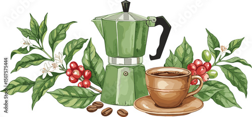 Green geyser coffee maker with a ceramic mug of aromatic coffee, surrounded by leaves and beans. Watercolor hand-drawn illustration.