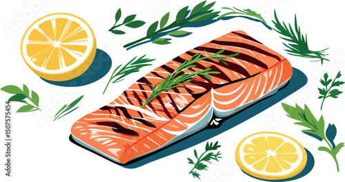 Grilled salmon summer dish vector in clean flat style