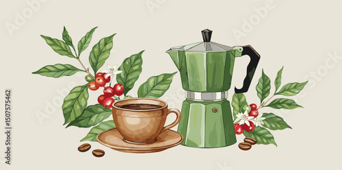Green geyser coffee maker with a ceramic mug of aromatic coffee, surrounded by leaves and beans. Watercolor hand-drawn illustration.