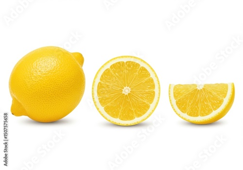 A still life of three lemon pieces on a white background showing a whole half and a quarter lemon