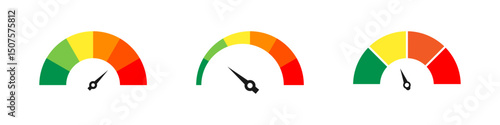 Speedometer icon set. Set of gauges from low to high. Risk meter icon set. Risk concept on speedometer. Credit or risk loan level. Vector