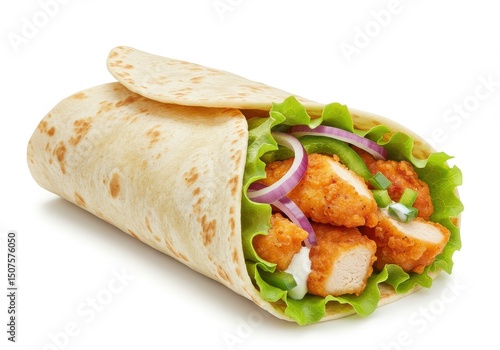 A close up shot of a chicken wrap with lettuce onion and peppers on a white isolated background