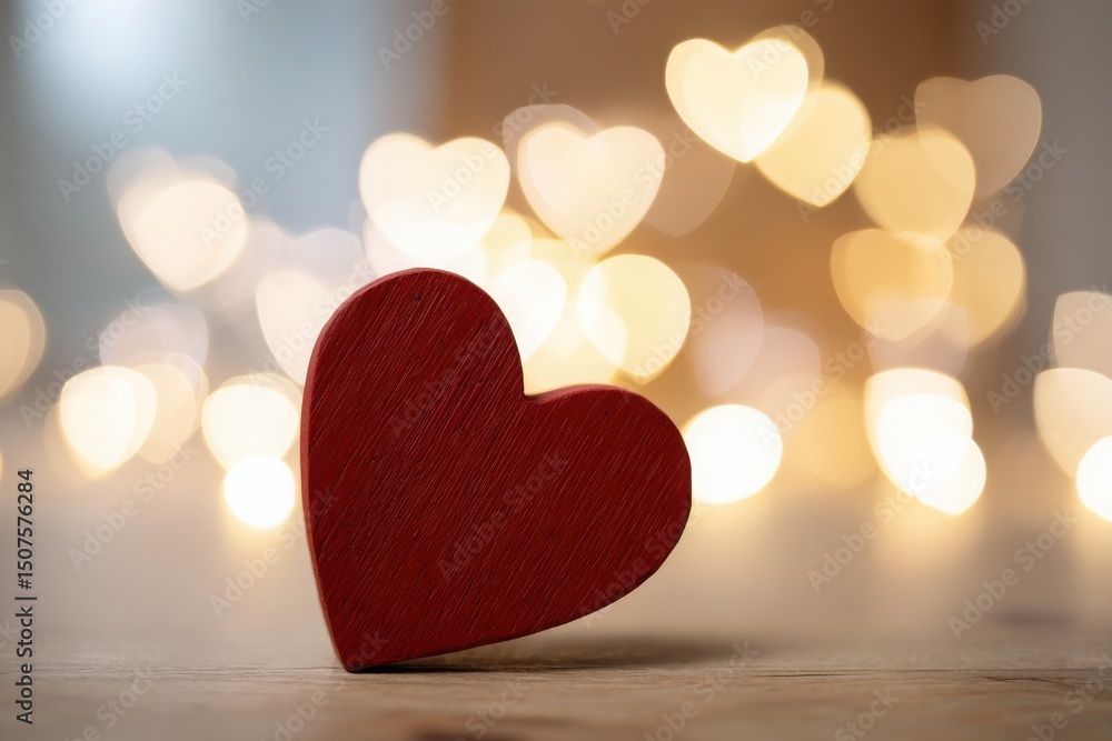 Red Wooden Heart Shape on Table with Warm Bokeh Lights Background Romantic Valentine s Day Red Wooden Heart Shape on Table with Warm Bokeh Lights Background Romantic Valentine s Day