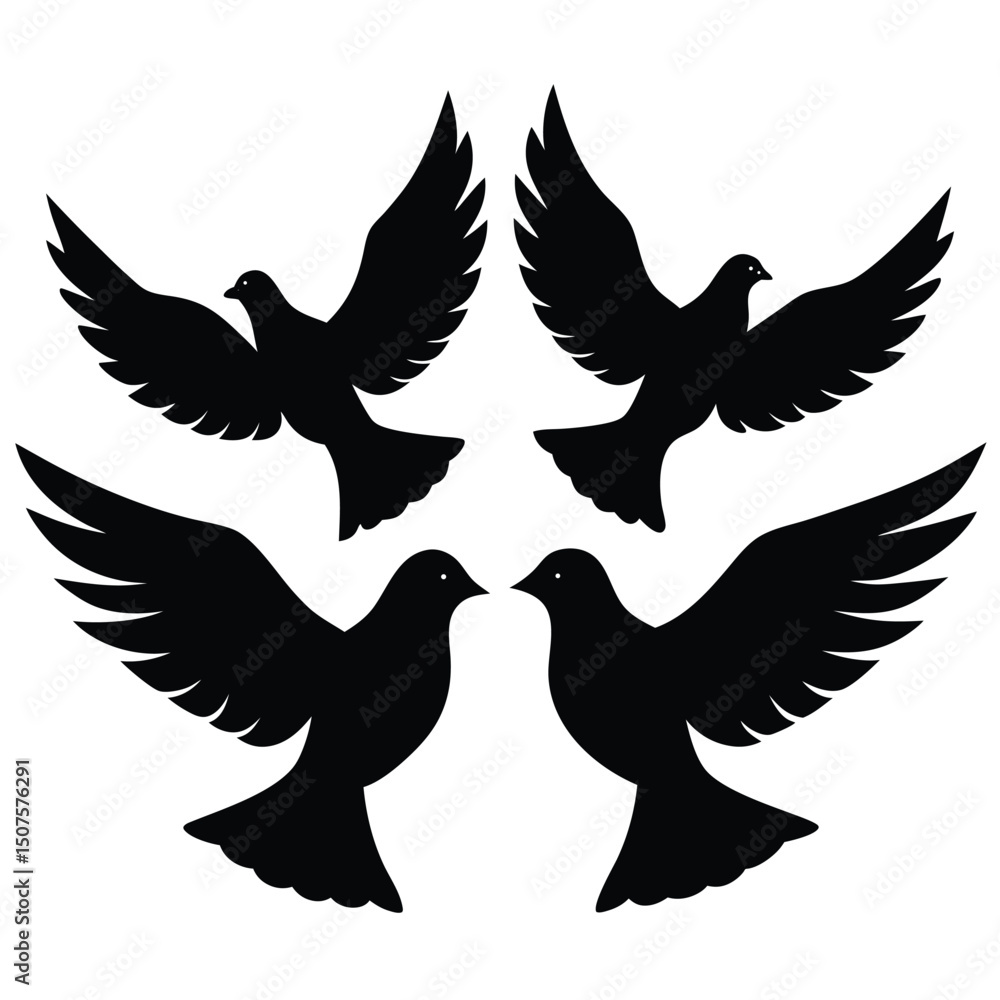 Fototapeta premium Four silhouette doves soaring in flight depicting peace unity and love on white background