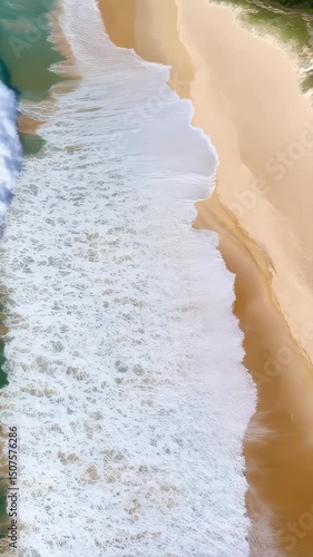 Aerial view of ocean waves washing onto a sandy beach, showing contrasting blue green water and bright white foam along the coast