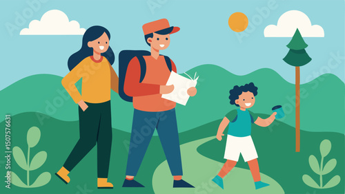 Exploring a Trail A family using a map or compass to navigate a hiking trail learning about nature instead of navigating through crowded stores.