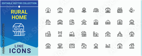 Rural Home simple icon set. Includes symbols for eco, rural, farm, house, farming, barn and more. Farmhouse linear icon set. Thin outline icons pack. Pictogram and infographic.