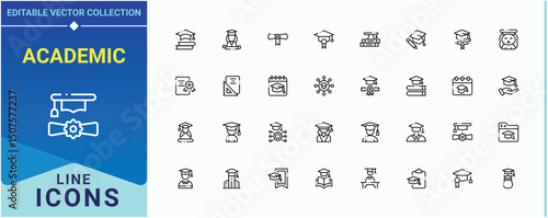 Academic modern icon set. Containing education, learning, knowledge, college, bachelor, university, study. Graduation modern icon set. Thin icons set. Vector illustration. Pixel perfect.