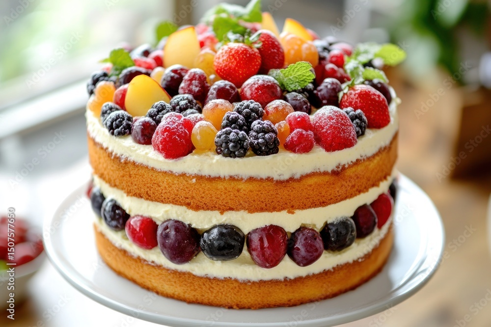 Colorful fruit cake layered with whipped cream Colorful fruit cake layered with whipped cream