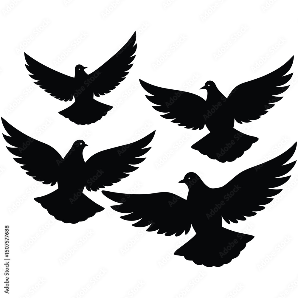 Silhouette illustration of four flying doves representing peace freedom and spiritual concepts Silhouette illustration of four flying doves representing peace freedom and spiritual concepts