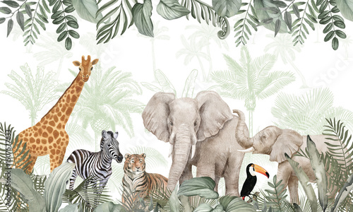 Fototapeta Naklejka Na Ścianę i Meble -  Playful Animal Kingdom Mural: African Wildlife & Tucan in Earthy Tropical Scene
