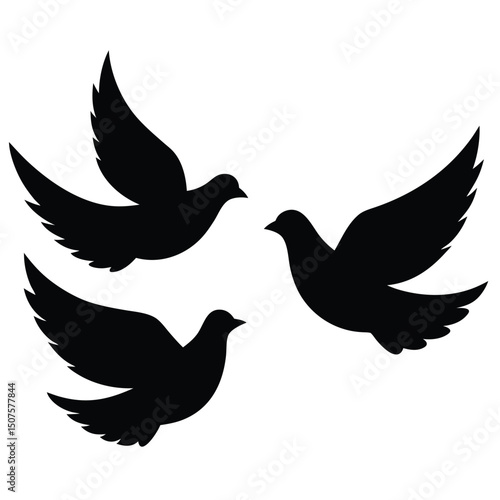Silhouette illustration of three black doves in flight representing peace and freedom on white background.