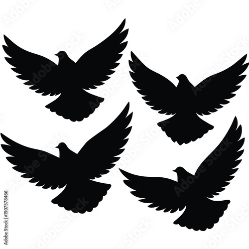 Silhouettes of four soaring pigeons symbolizing peace freedom harmony and tranquility against white background