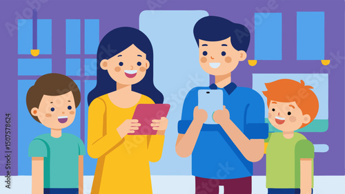 Family on a Shopping Trip A family of four with parents and two kids gathered around a smartphone in a vibrant shopping plaza excitedly pointing at deals theyve found.