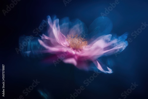 A blurred pink flower against a dark blue background, underwater photography