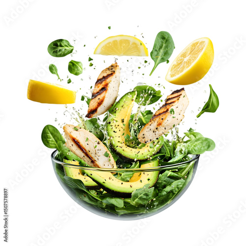 vibrant salad with sliced avocado, spinach, and grilled chicken flying in the air, with a burst of lemon vinaigrette splashing all around, fresh and healthy, isolated on transparent background, png cu