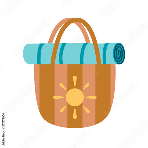 Striped beach bag with a rolled towel inside, ready for a sunny summer day at the seaside or poolside. Trendy modern vector illustration isolated on white, hand drawn