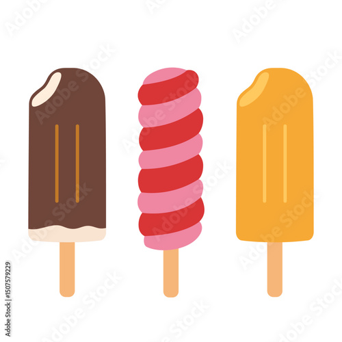 Colorful ice cream on a stick, popsicles with chocolate, berry, and orange flavors. Trendy modern vector illustration isolated on white background, hand drawn, flat design