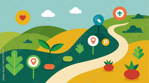 Pathway to Wellness A winding road leading through fields of healthy plants with icons of supplements along the way depicting the journey towards longevity and wellness.
