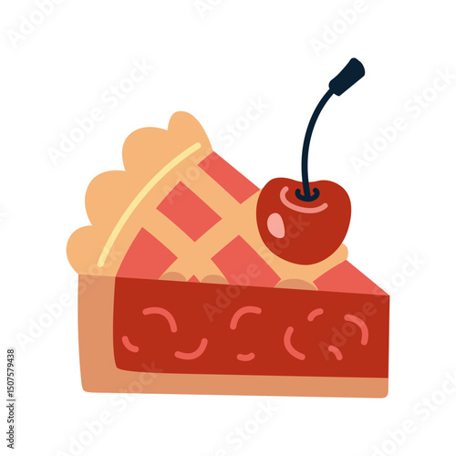 Slice of cherry pie with lattice crust and a cherry on top. Homemade baking. Trendy modern vector illustration isolated on white background, hand drawn, flat design